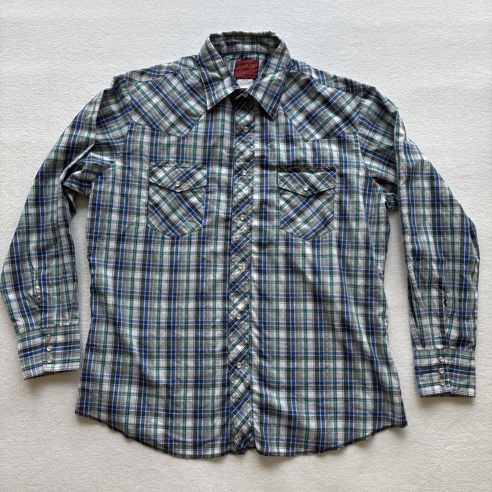 Rustler Western Shirt Men XL Pearl Snap Green Plaid XLong‎ Tails Pockets Cowboy